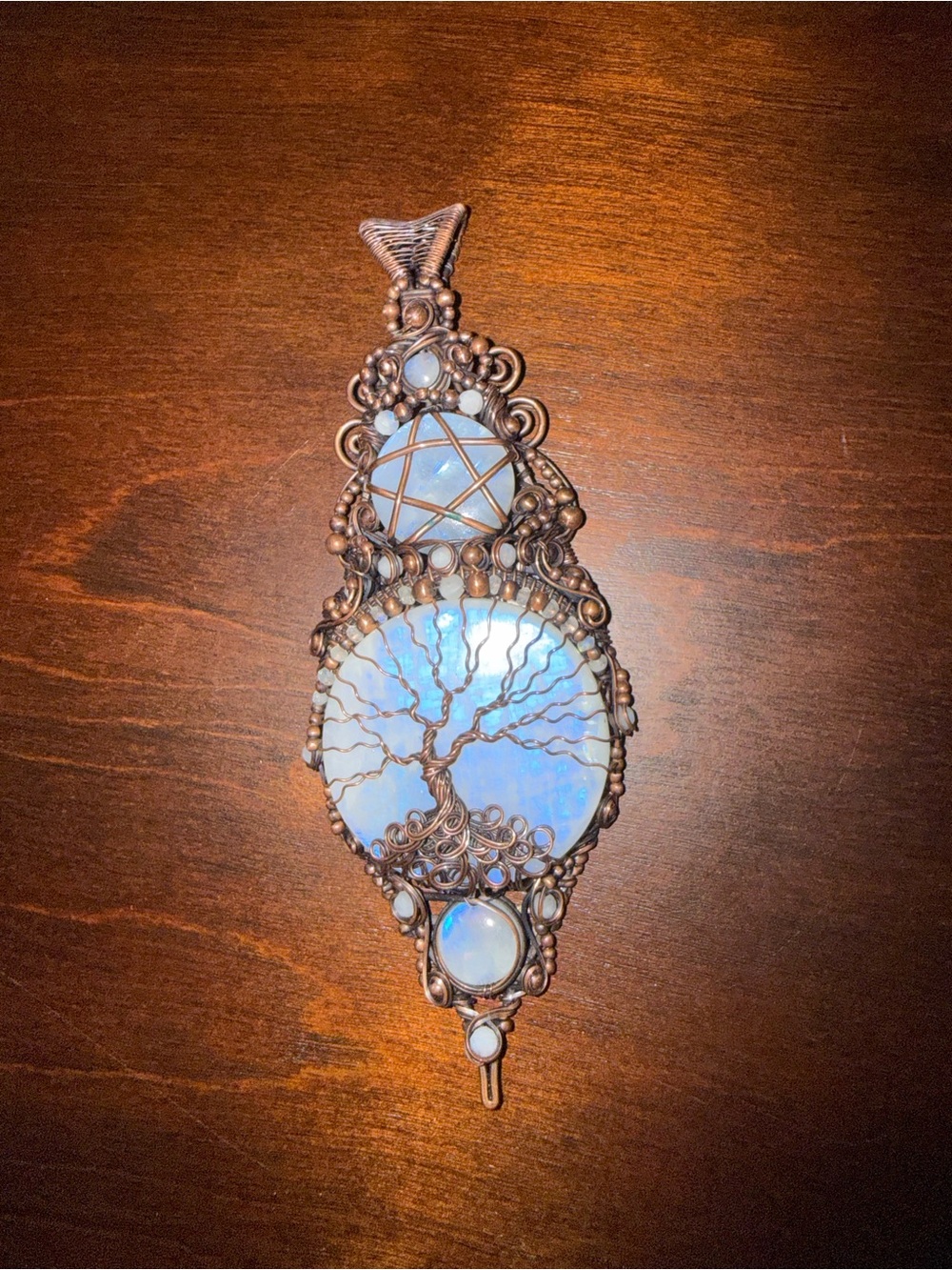 Large wire wrapped moonstone tree of life pentacle pendant